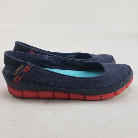 Crocs Skimmer Slip On Shoe Womens 7 Blue Comfort Stretch Sole Canvas Flat - Picture 4 of 10